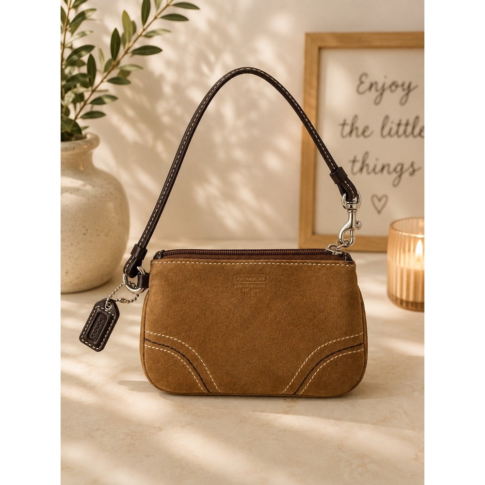 Coach Suede Wristlet Tan Brown Leather Trim Small Bag Pouch Zip Top